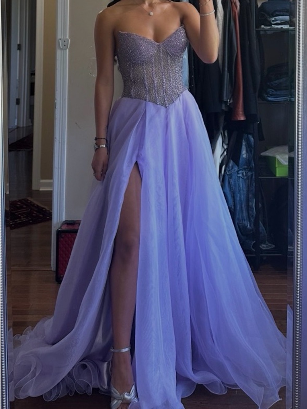 Jovani Lavender Purple Strapless Beaded Prom Gown with Thigh Slit